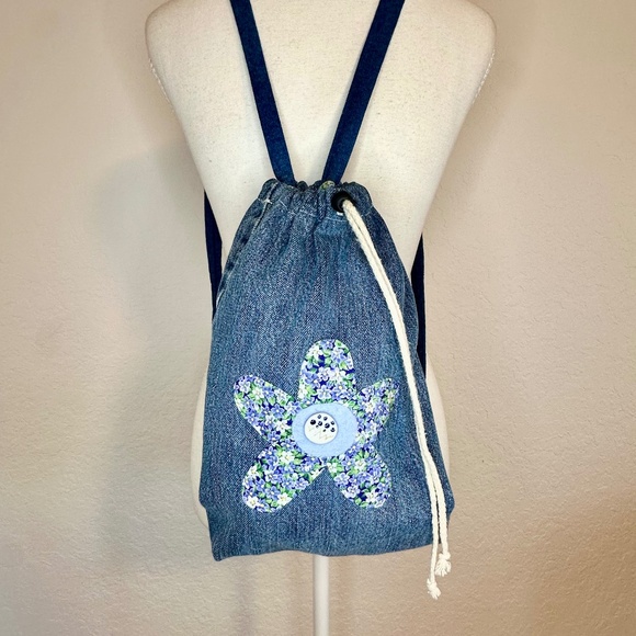 Handmade Denim Drawstring Backpack - Picture 2 of 9